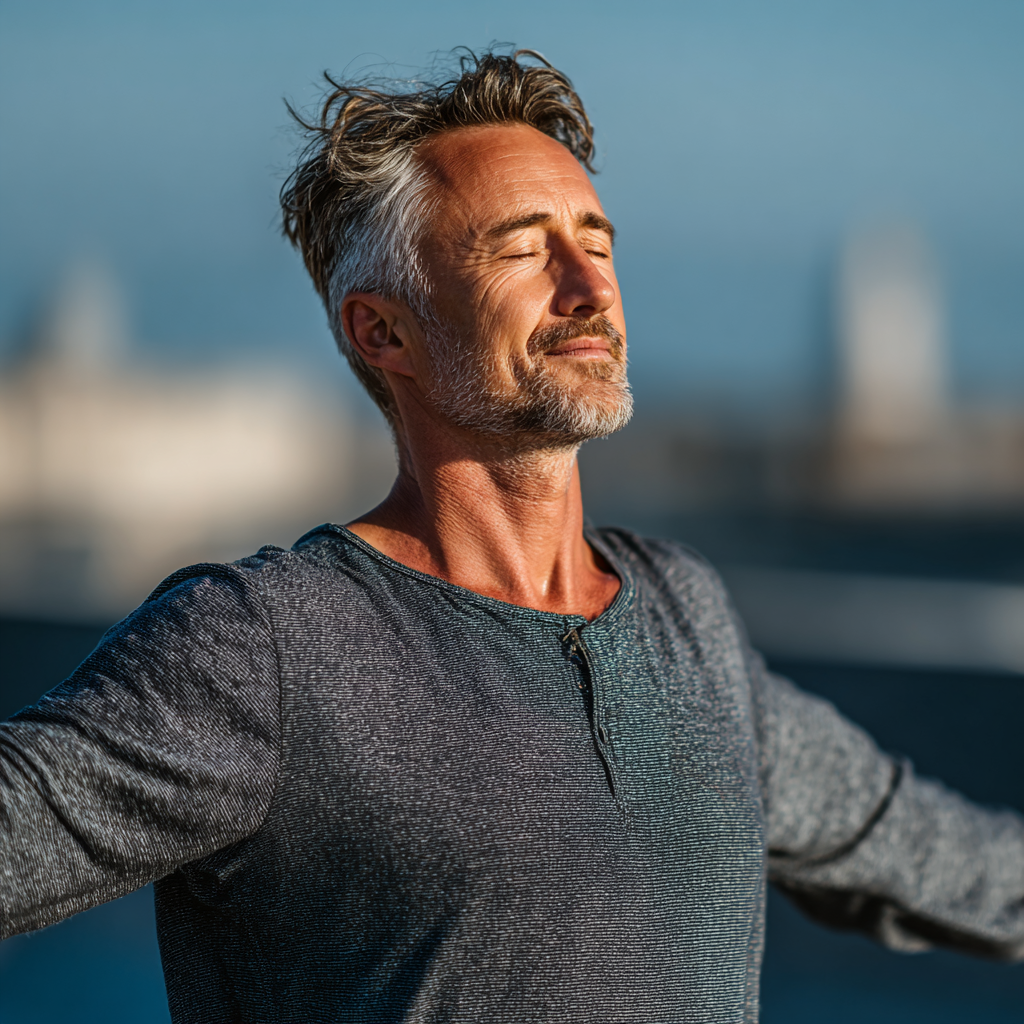 Mature man in his early fifties practicing yoga outdoors on a deck or terrace, demonstrating proper form in a balanced standing pose with arms extended, showing concentration and peaceful expression